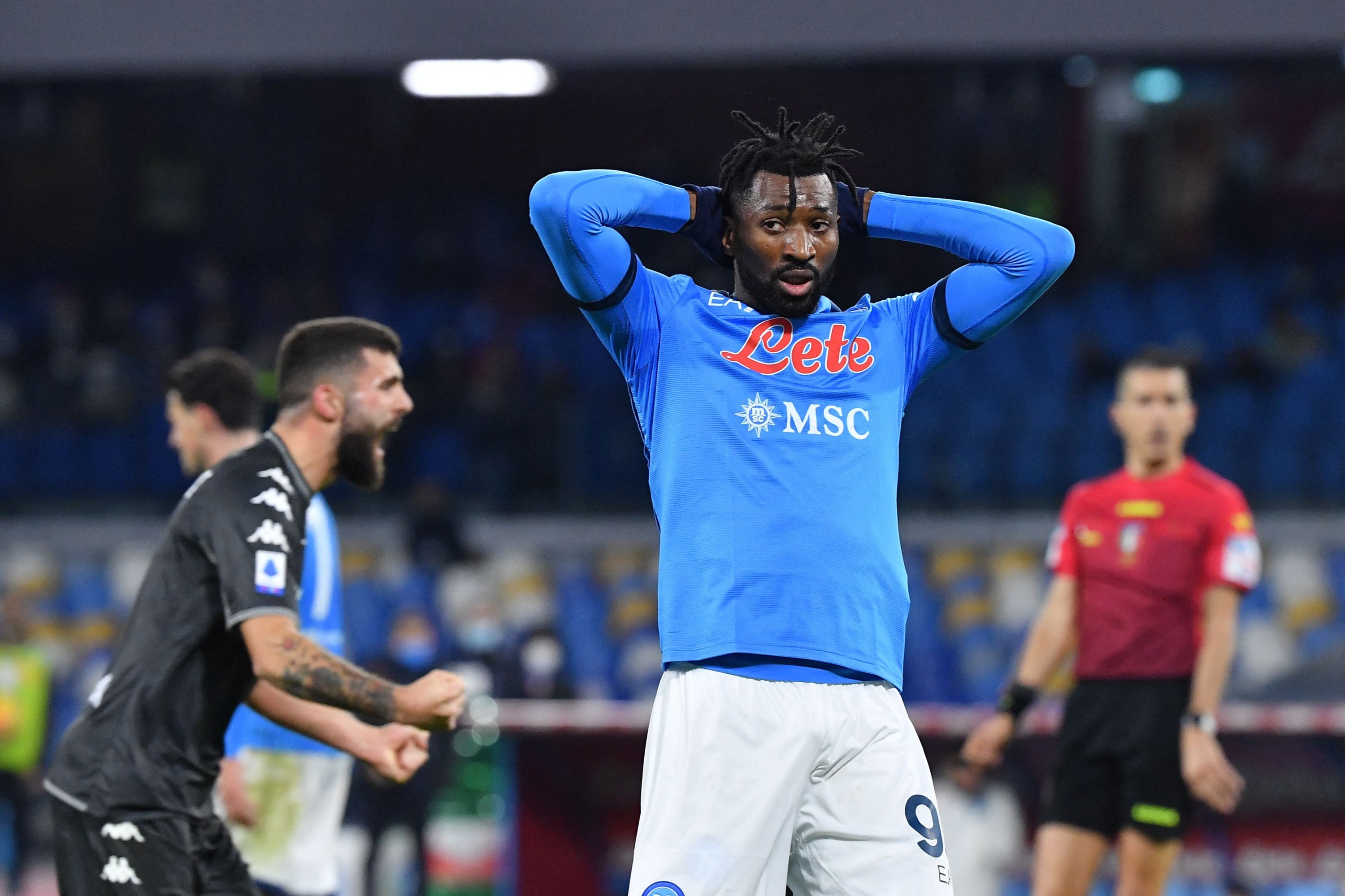 Napoli's Andre-Frank Zambo Anguissa reacts during a Serie A match against Empoli, Naples, Italy, Dec. 12, 2021. (AFP Photo)