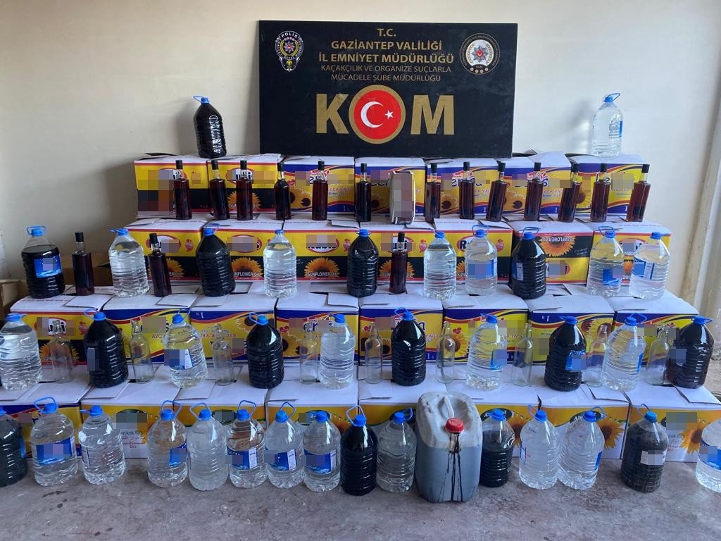 A police display of bootleg liquor seized in operations, in Gaziantep, southern Turkey, Dec. 6, 2021. (IHA PHOTO)