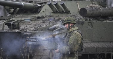 A Russian army soldier takes part in drills at the Kadamovskiy firing range in the Rostov region, southern Russia, Dec. 10, 2021. (AP Photo)