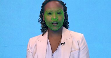 A green wireframe model covers an actor's lower face during the creation of a synthetic facial reanimation video, known alternatively as a deepfake, in London, Britain, Feb. 12, 2019. (Reuters Photo)