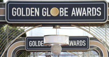 Signs for the 77th annual Golden Globe Awards can be seen above the red carpet in Beverly Hills, California, U.S., Jan. 5, 2020. (AP Photo)