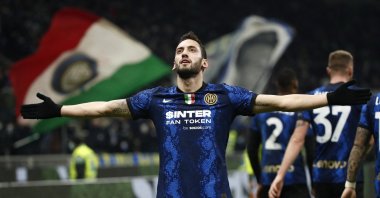 Inter Milan's Hakan Çalhanoğlu celebrates scoring in a Serie A match against Cagliari at the San Siro, Milan, Italy, Dec. 12, 2021. (Reuters Photo)