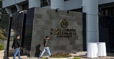 The logo of the Central Bank of the Republic of Turkey at the entrance of the bank's headquarters in the capital Ankara, Turkey, Oct. 28, 2020. (AA Photo)