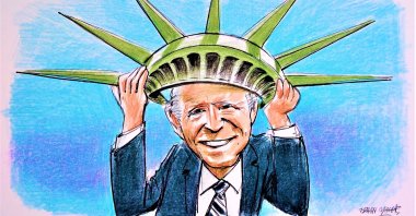 An illustration by Erhan Yalvaç shows U.S. President Joe Biden wearing the crown of the Statue of Liberty.