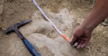 Researchers measure a fossilized dinosaur footprint made about 120 million years ago during the Cretaceous Period during field work in the La Rioja region, in northern Spain, in this undated handout picture. (Alberto Labrador via Reuters)