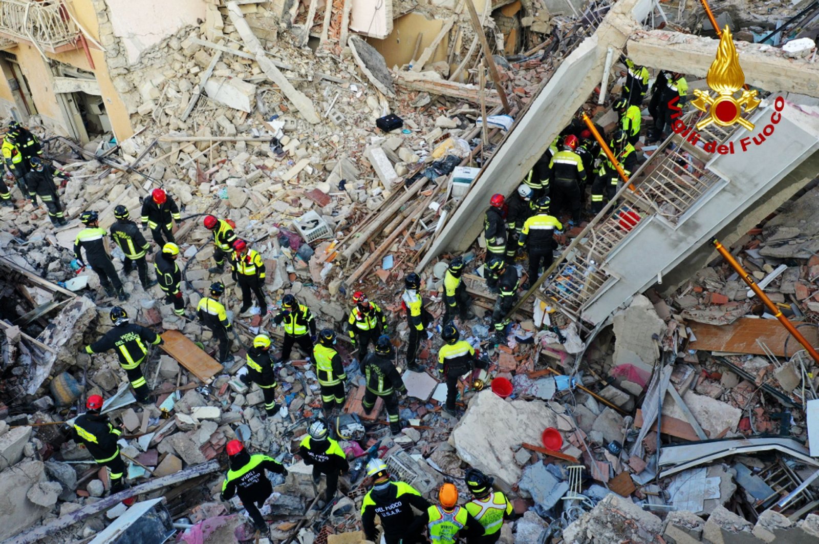 A picture released by Italian firefighters shows a collapsed four-story apartment building after a gas explosion in Ravanusa, Italy, Dec. 12, 2021. (AFP Photo)
