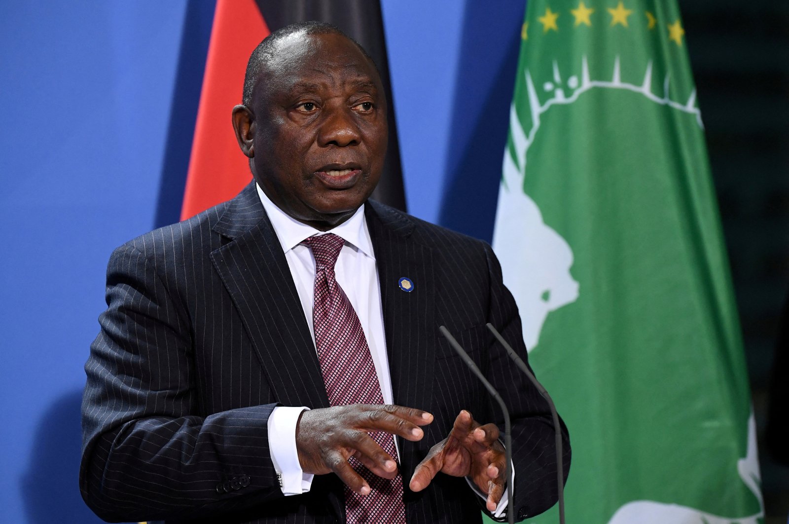 South African President Cyril Ramaphosa addresses a press conference after the G-20 Compact with Africa conference at the Chancellery in Berlin, Germany, Aug. 27, 2021. (Reuters Photo)