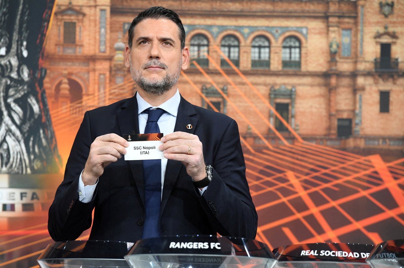 Andres Palop draws Napoli during the UEFA Europa League 2021/22 Knockout Playoff Round Draw at the UEFA headquarters, Nyon, Switzerland, Dec. 13, 2021. (Reuters Photo)