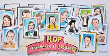 Illustration by Erhan Yalvaç shows the photos of children abducted by the PKK terrorist organization at the pro-PKK Peoples Democratic Party’s (HDP) headquarters in the southeastern province of Diyarbakır in Turkey.