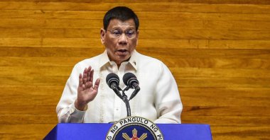 Philippine President Rodrigo Duterte speaking during the annual state of the nation address at the House of Representatives in Manila, Philippine, July 26, 2021. (AFP Photo)