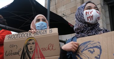 Protesters take part in a rally against Belgium's Constitutional Court rule to prohibit the use of headscarves in universities, Brussels, Belgium, July 5, 2020. (Shutterstock Photo)