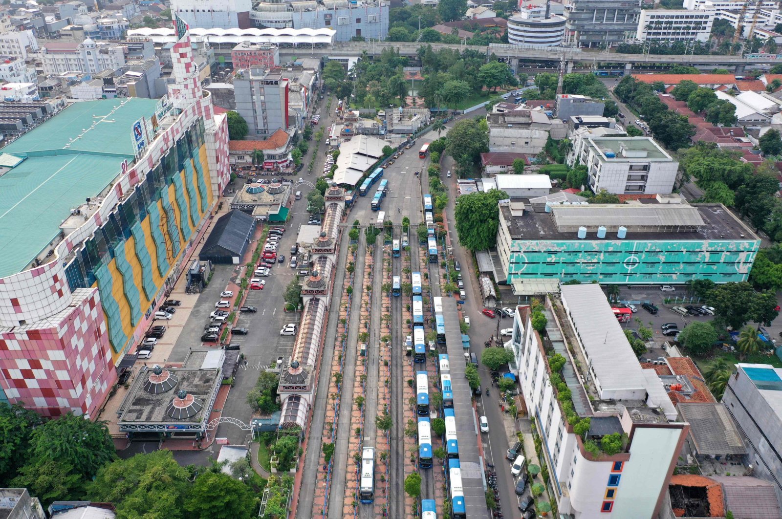This aerial picture shows the usually busy Blok M busway terminal amid the COVID-19 pandemic in Jakarta, Indonesia, Dec. 13, 2021. (AFP Photo)