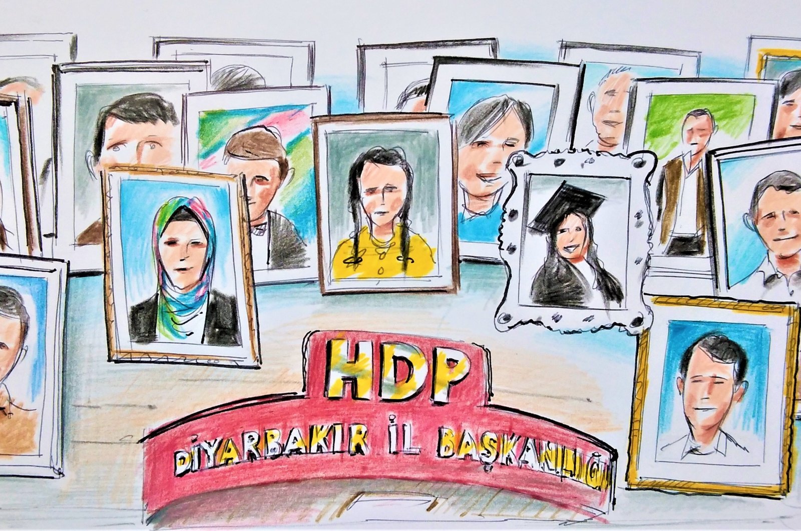 Illustration by Erhan Yalvaç shows the photos of children abducted by the PKK terrorist organization at the pro-PKK Peoples Democratic Party’s (HDP) headquarters in the southeastern province of Diyarbakır in Turkey.
