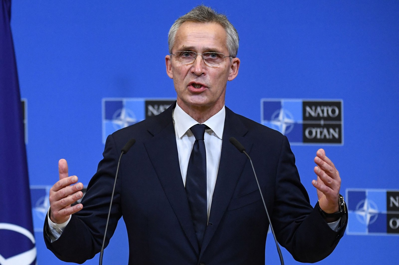 NATO Secretary-General Jens Stoltenberg gives a press conference with new German Chancellor Olaf Scholz (not pictured) after their bilateral meeting at the NATO headquarters in Brussels, Belgium, Dec. 10, 2021. (AFP Photo)