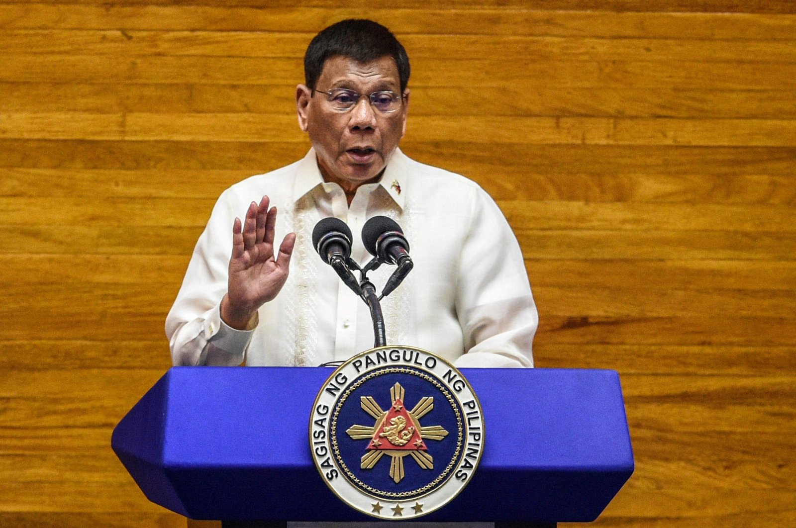 Philippine President Rodrigo Duterte speaking during the annual state of the nation address at the House of Representatives in Manila, Philippine, July 26, 2021. (AFP Photo)