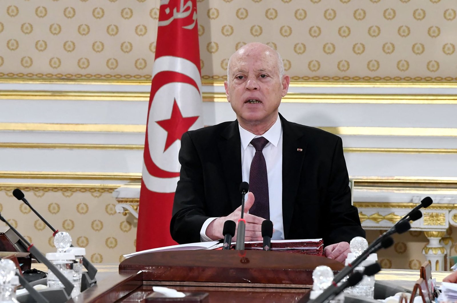 President Kais Saied attends a cabinet meeting in the capital Tunis, Tunisia, Dec. 13, 2021. (Photo by TUNISIAN PRESIDENCY / AFP)