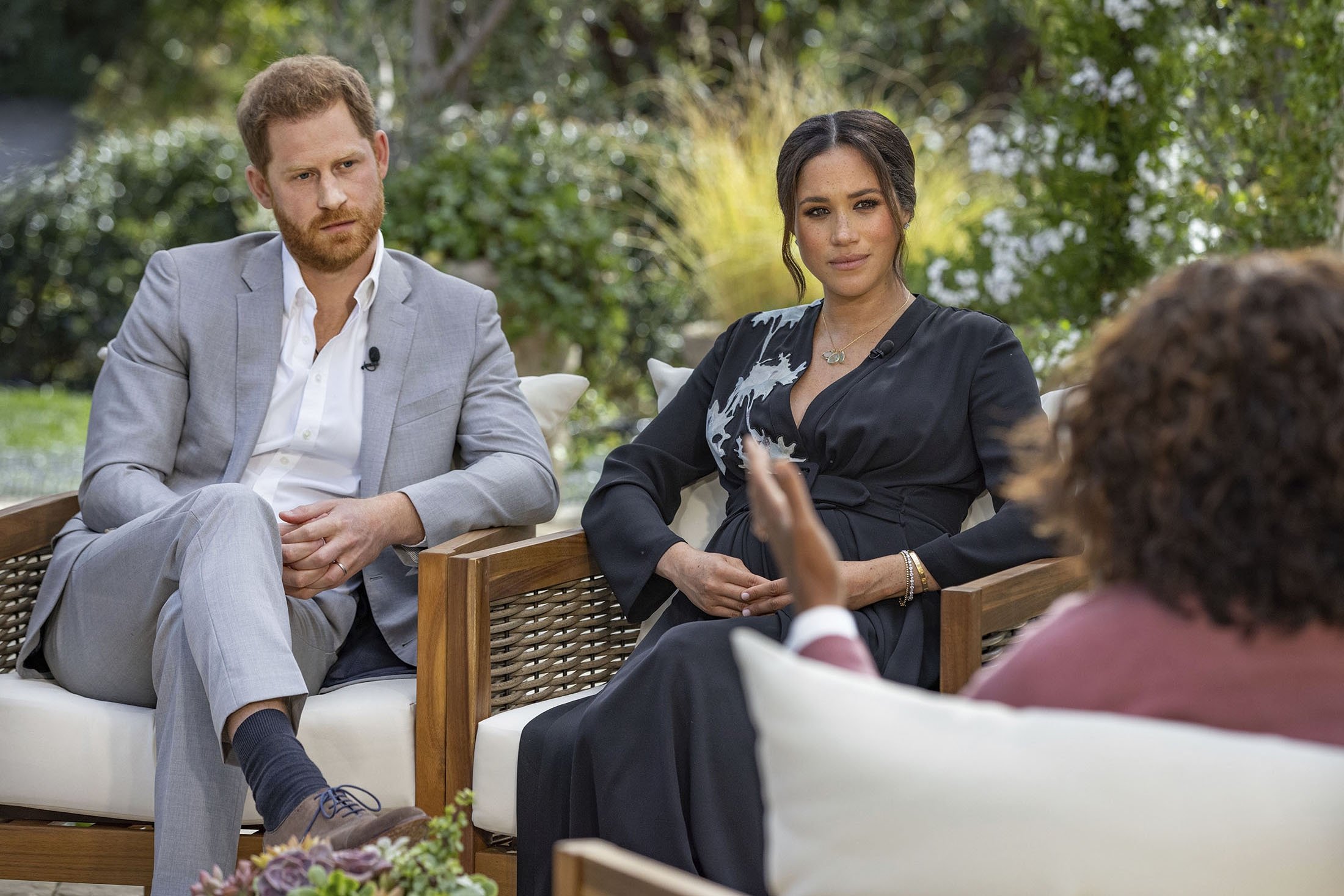 Prince Harry (L) and Meghan (C), Duchess of Sussex, during an interview with Oprah Winfrey. (Harpo Productions via AP)