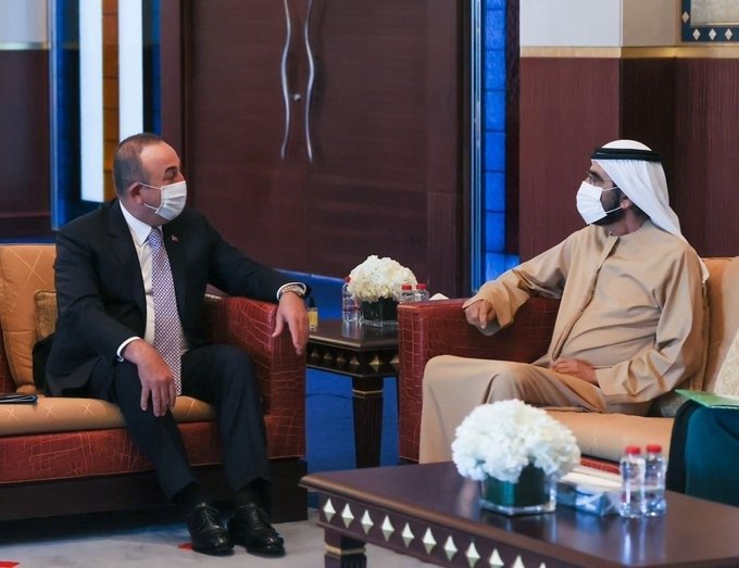 UAE Vice President Sheikh Mohammed bin Rashid Al Maktoum (R) meets with Turkey&#039;s Foreign Minister Mevlüt Çavuşoğlu (L) in Dubai, UAE, Dec. 15, 2021. (IHA Photo)