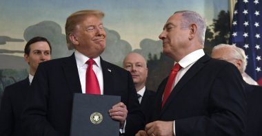 Former U.S. President Donald Trump (L) with former Israeli Prime Minister Benjamin Netanyahu after signing a proclamation at the White House, Washington, D.C., U.S., April 9, 2019. (AP Photo)