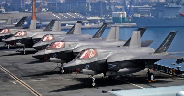 A view of Royal Navy F-35B Lightning multirole combat aircraft parked aboard the deck of the Royal Navy's HMS Queen Elizabeth aircraft carrier while moored in the new port of Greek Cypriot administration’s southern Limassol province, Cyprus, July 1, 2021. (AFP Photo)