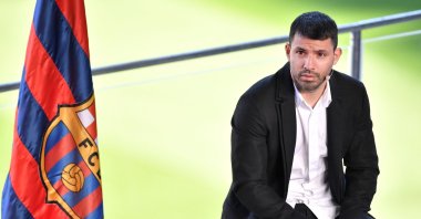 Barcelona's Argentinian forward Kun Aguero during a press conference to announce his retirement from football, Barcelona, Spain, Dec. 15, 2021. (AFP Photo)