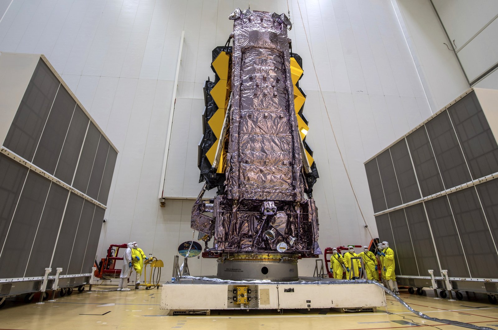 NASA’s James Webb Space Telescope is secured on top of the Ariane 5 rocket that will launch it to space from Europe’s Spaceport in Kourou, French Guiana, Dec. 11, 2021. (AP Photo)