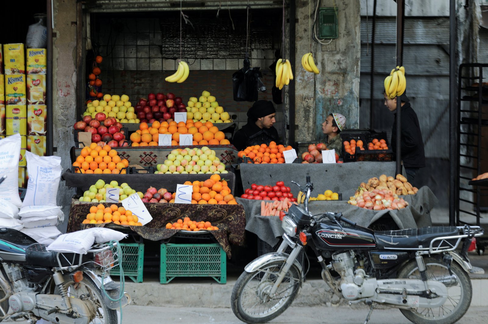 Fruits and vegetables are displayed for sale at a market in the opposition-held city of Idlib, Syria, Dec. 5, 2021. (Reuters Photo)
