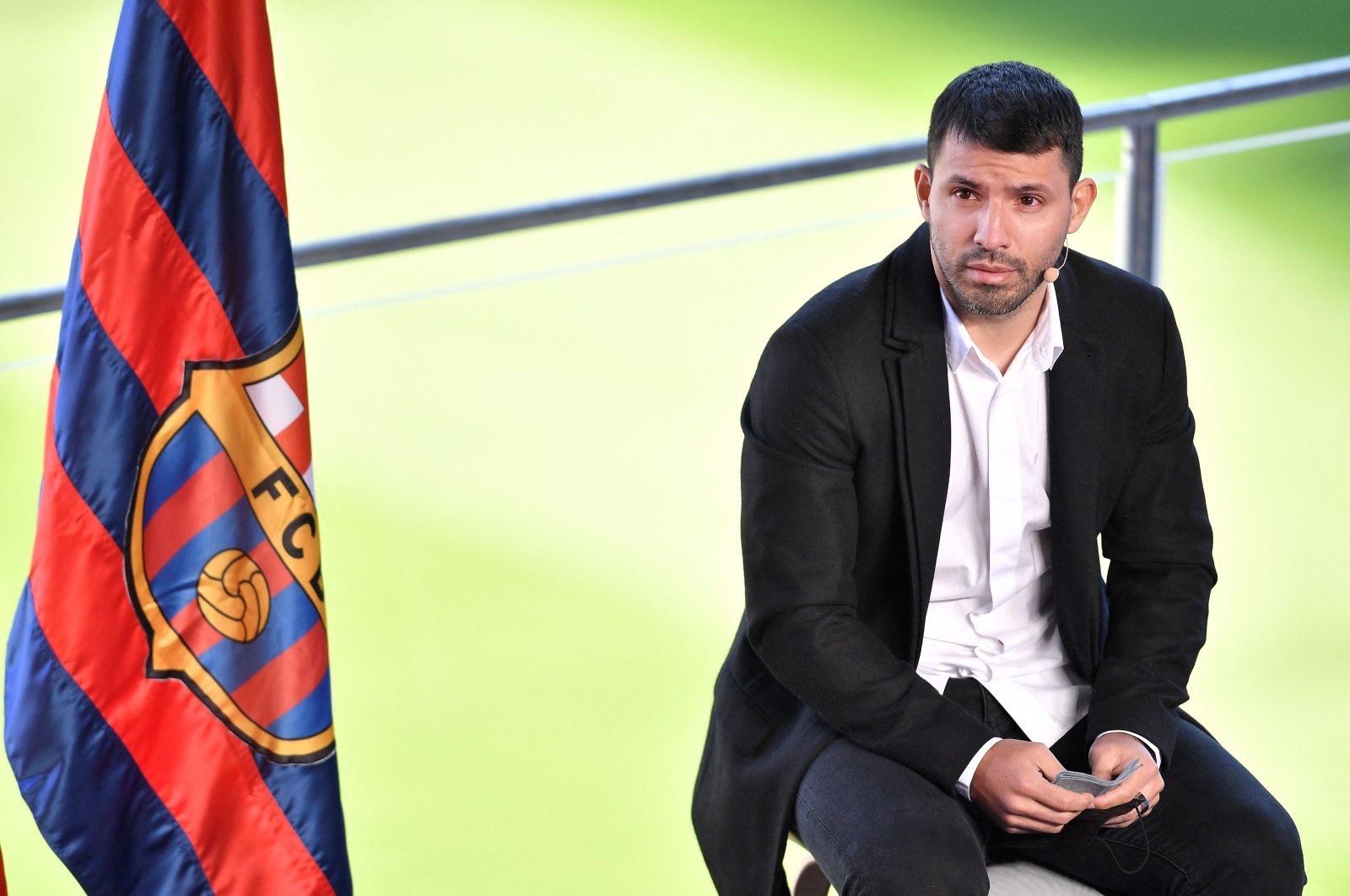 Barcelona&#039;s Argentinian forward Kun Aguero during a press conference to announce his retirement from football, Barcelona, Spain, Dec. 15, 2021. (AFP Photo)