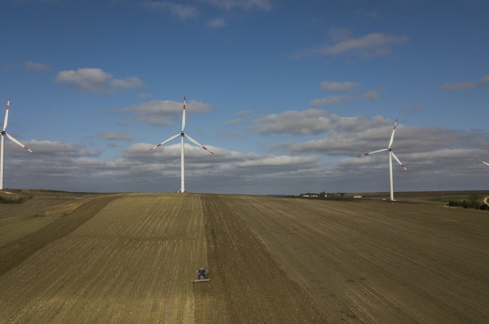 An aerial view taken by a drone shows wind turbines in the countryside of Istanbul, Turkey, Oct. 22, 2020. (EPA Photo)