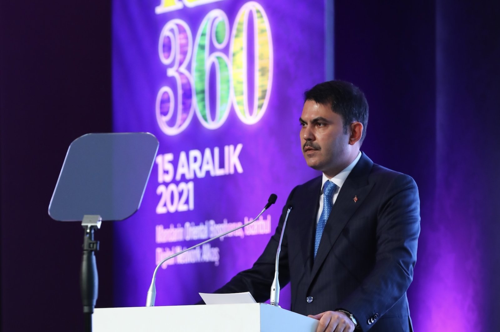 Environment and Urban Planning Minister Murat Kurum speaks at RE360 event held in Istanbul, Turkey, Dec. 15, 2021. (Courtesy of Alkaş)