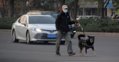 A man wearing protective face mask walks with a pet dog in the street during the coronavirus pandemic in Beijing, China, Nov. 16, 2021. (EPA Photo) 