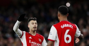 Arsenal's Gabriel Martinelli celebrates with teammate Gabriel after scoring a goal in a Premier League match against West Ham, London, England, Dec. 15, 2021. (Reuters Photo)