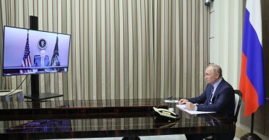 Russian President Vladimir Putin during his talks with U.S. President Joe Biden via videoconference in the Bocharov Ruchei residence in the Black Sea resort of Sochi, Russia, Dec. 7, 2021. (AP Photo)