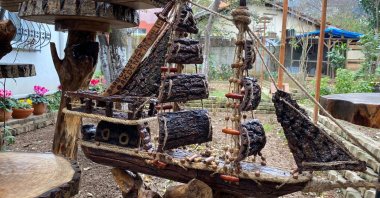 A wooden model of an old-style sailing ship made from rotten trees, Istanbul, Turkey, Dec. 12, 2021. (IHA Photo)