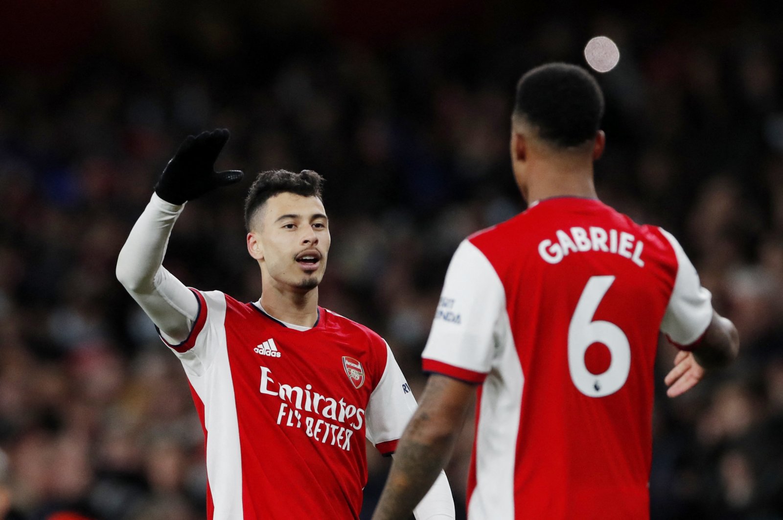 Arsenal&#039;s Gabriel Martinelli celebrates with teammate Gabriel after scoring a goal in a Premier League match against West Ham, London, England, Dec. 15, 2021. (Reuters Photo)
