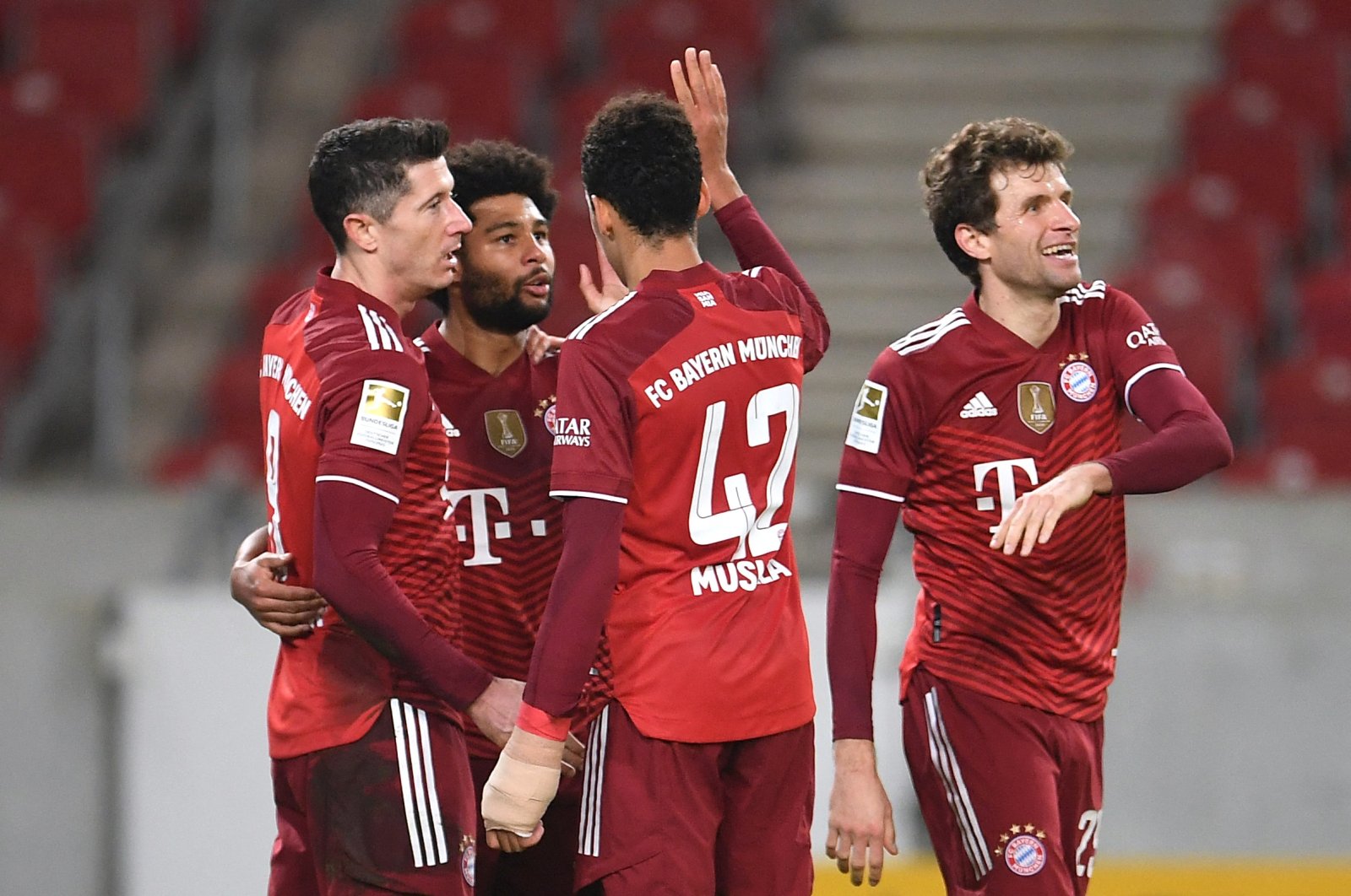 Bayern Munich&#039;s Serge Gnabry (2nd L) celebrates with teammates after scoring in a Bundesliga match against VfB Stuttgart, in Stuttgart, Germany, Dec. 14, 2021. (Reuters Photo)