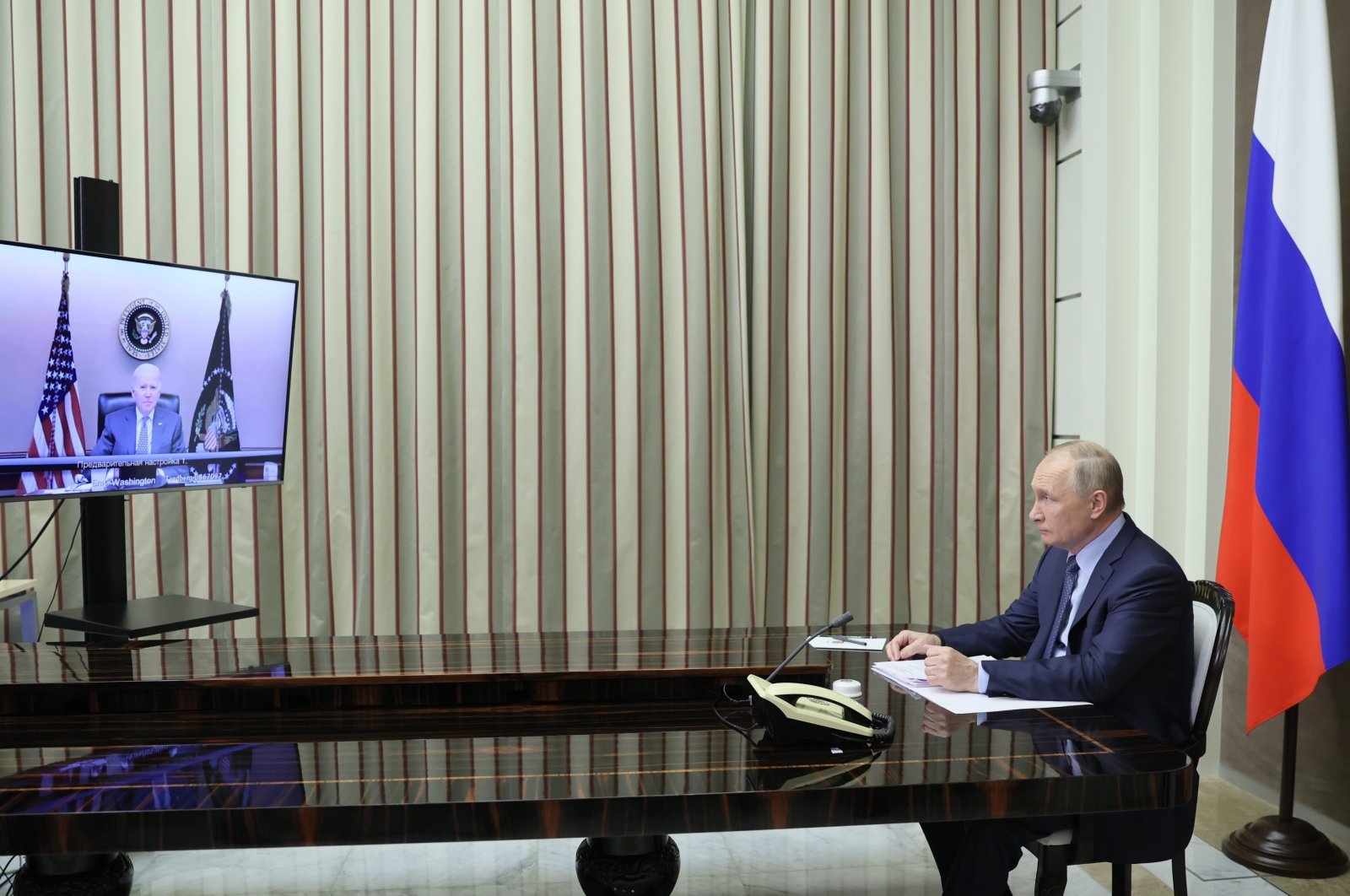 Russian President Vladimir Putin during his talks with U.S. President Joe Biden via videoconference in the Bocharov Ruchei residence in the Black Sea resort of Sochi, Russia, Dec. 7, 2021. (AP Photo)