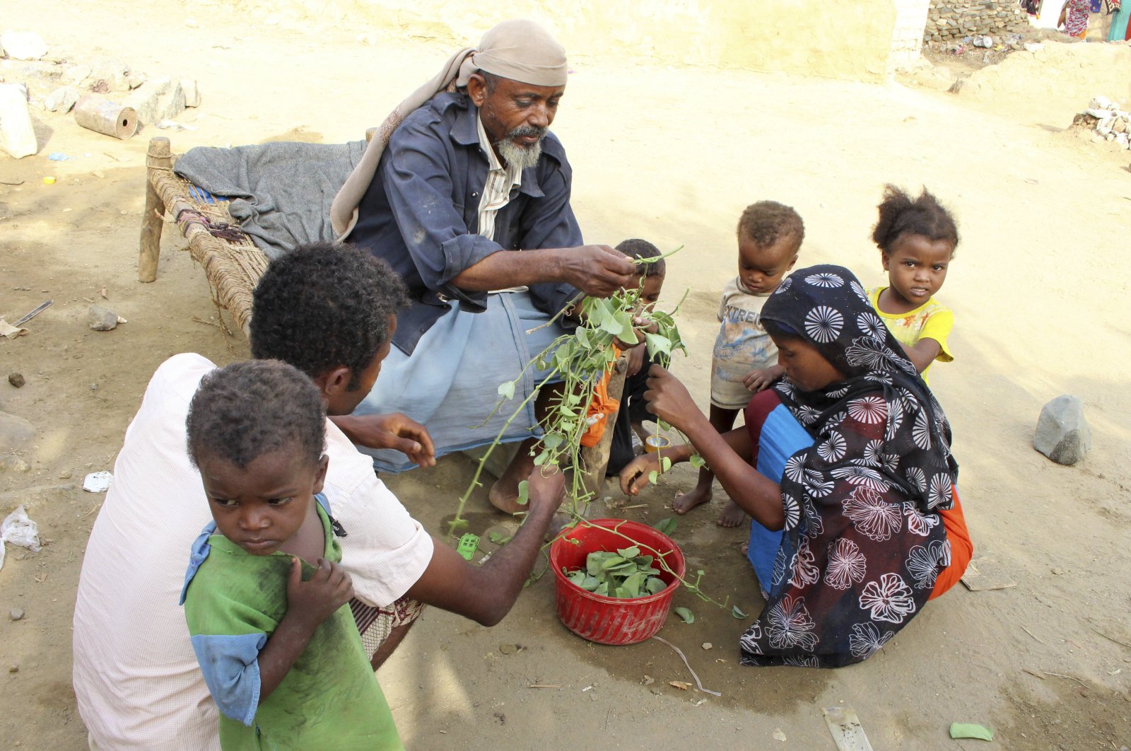 A man feeds children halas, a climbing vine of green leaves, in Aslam, Hajjah, Yemen, Aug. 25, 2018. (AP Photo)