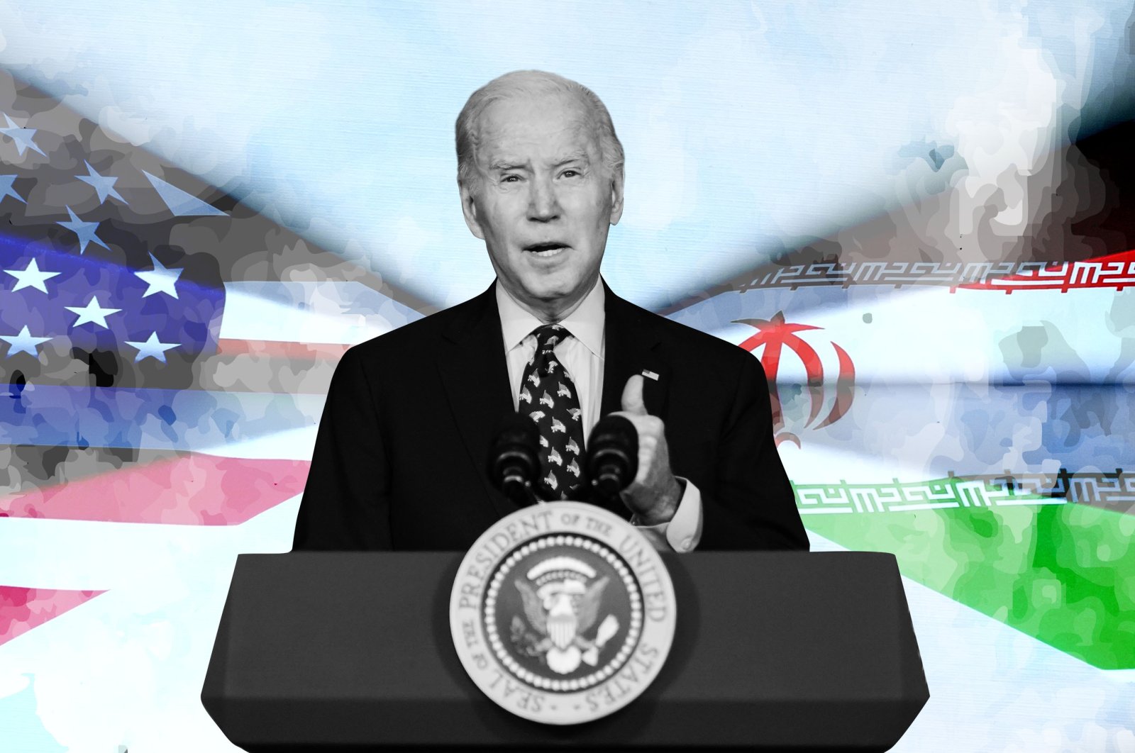 Illustration of U.S. President Joe Biden with the national flags of the U.S. and Iran seen in the background. (Illustration by Büşra Öztürk)