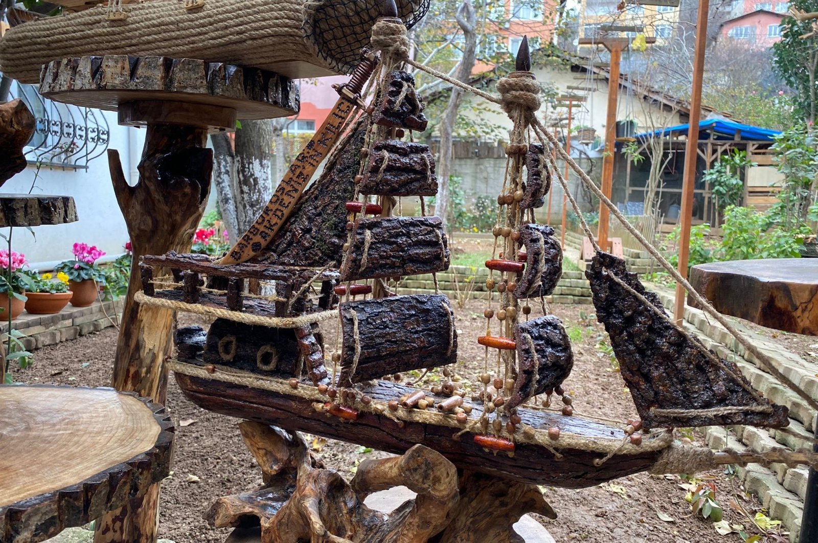 A wooden model of an old-style sailing ship made from rotten trees, Istanbul, Turkey, Dec. 12, 2021. (IHA Photo)