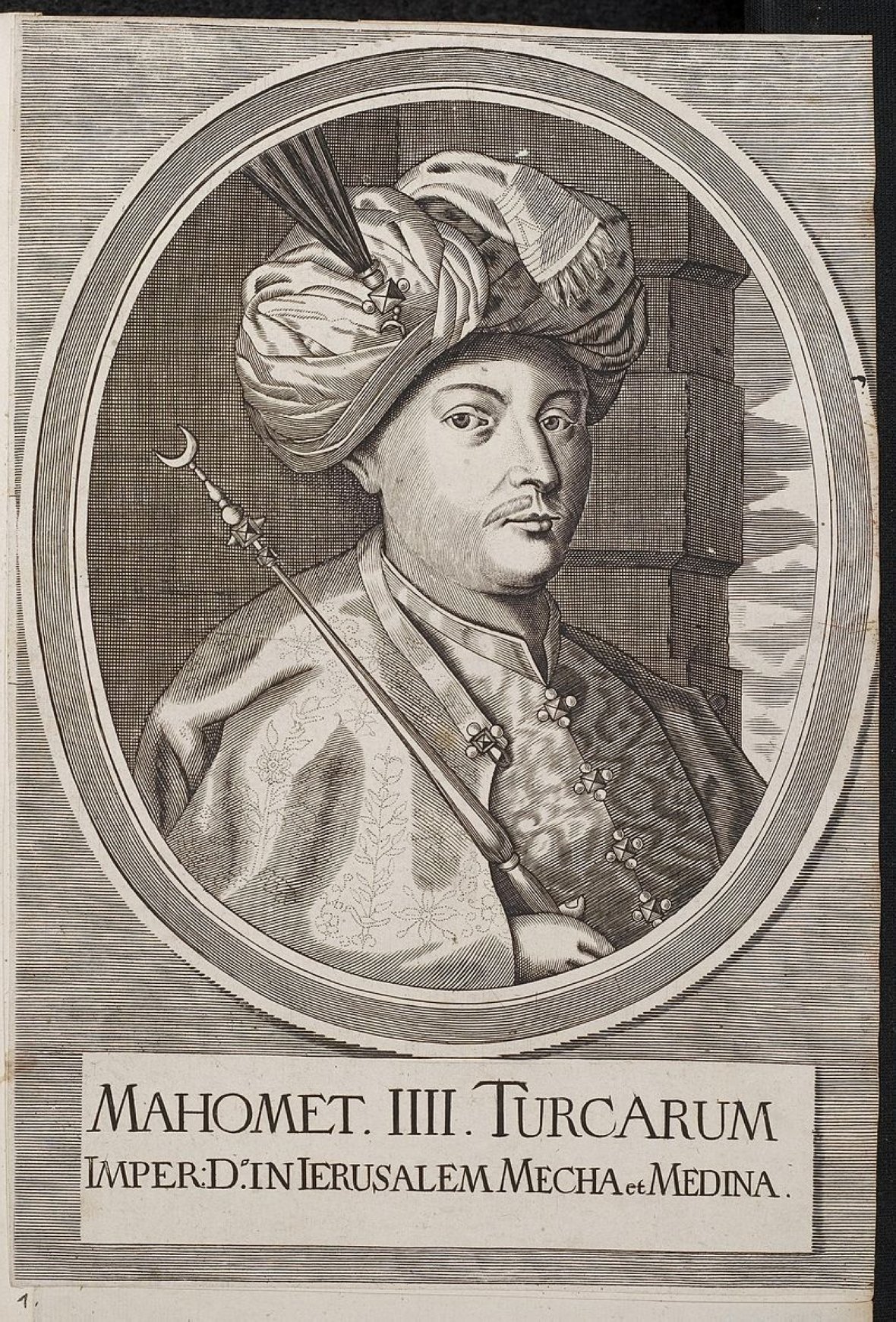 An engraving by Arolsen Klebeband depicts Mehmed III. (Wikimedia)