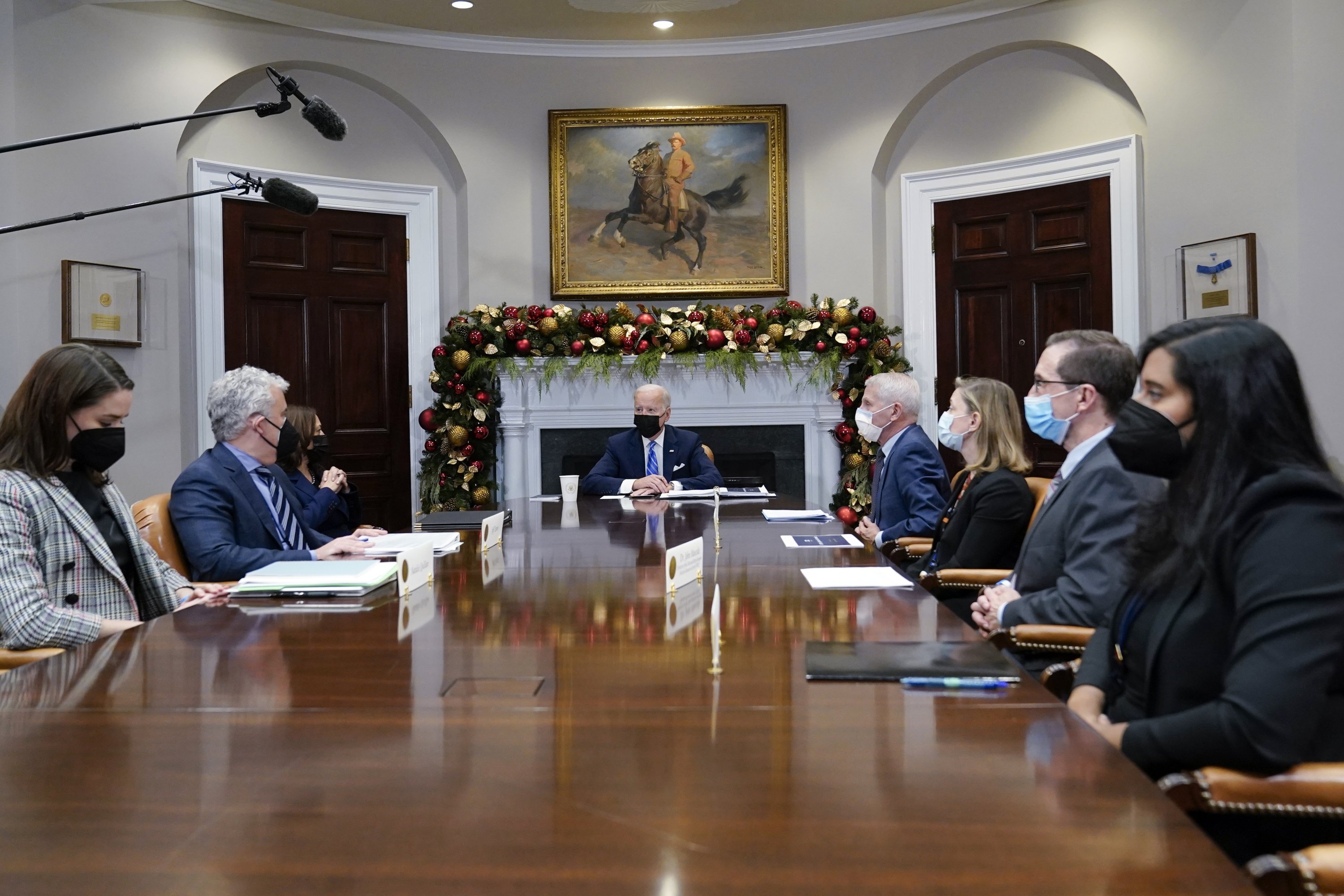 President Joe Biden speaks as he meets with members of the White House COVID-19 Response Team in the Roosevelt Room of the White House in Washington, Dec. 16, 2021. (AP Photo)
