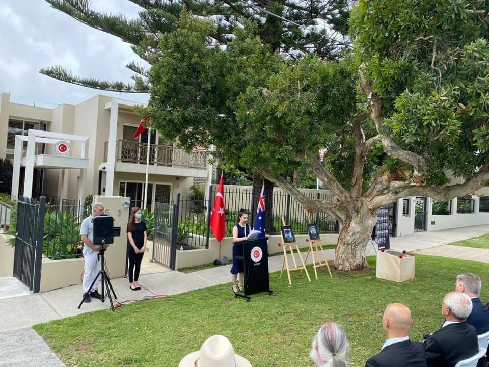 A speech is given to guests at the remembrance ceremony held in front of the Turkish Consul General&#039;s residence in Sydney, Australia, Dec. 17, 2021. (AA Photo)
