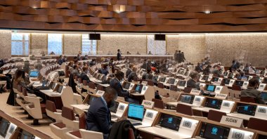 Delegates attend a meeting of the review conference of the Convention on Certain Conventional Weapons (CCW) focussing on lethal autonomous weapons systems (killer robots) at the United Nations in Geneva, Switzerland, Dec.17, 2021. (AFP Photo)