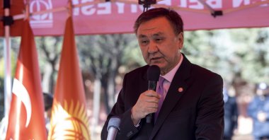Kyrgyzstan&#039;s Ambassador to Turkey Kubanychbek Omuraliev speaks at a ceremony commemorating famous Kyrgyz author Chinghiz Aitmatov in Ankara, Turkey, Dec. 12, 2021. (AA File Photo)