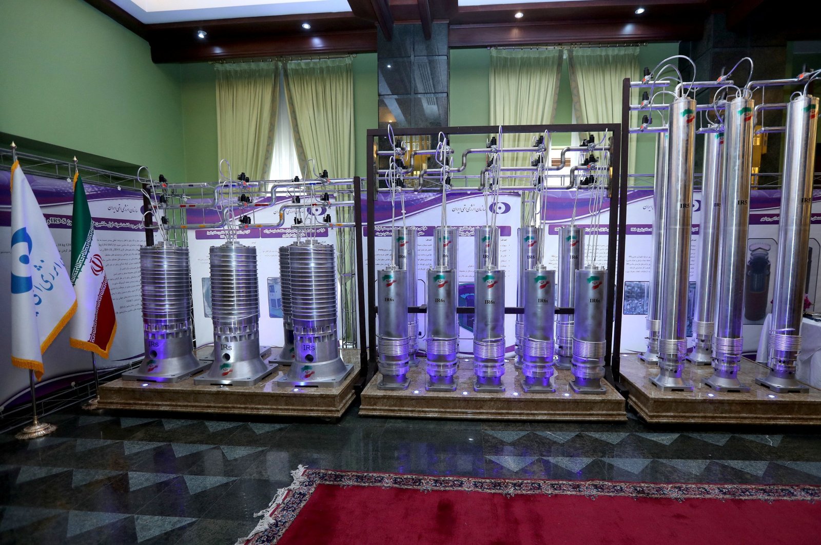 A number of new generation Iranian centrifuges are seen on display during Iran&#039;s National Nuclear Energy Day in Tehran, Iran, April 10, 2021. (Reuters Photo)