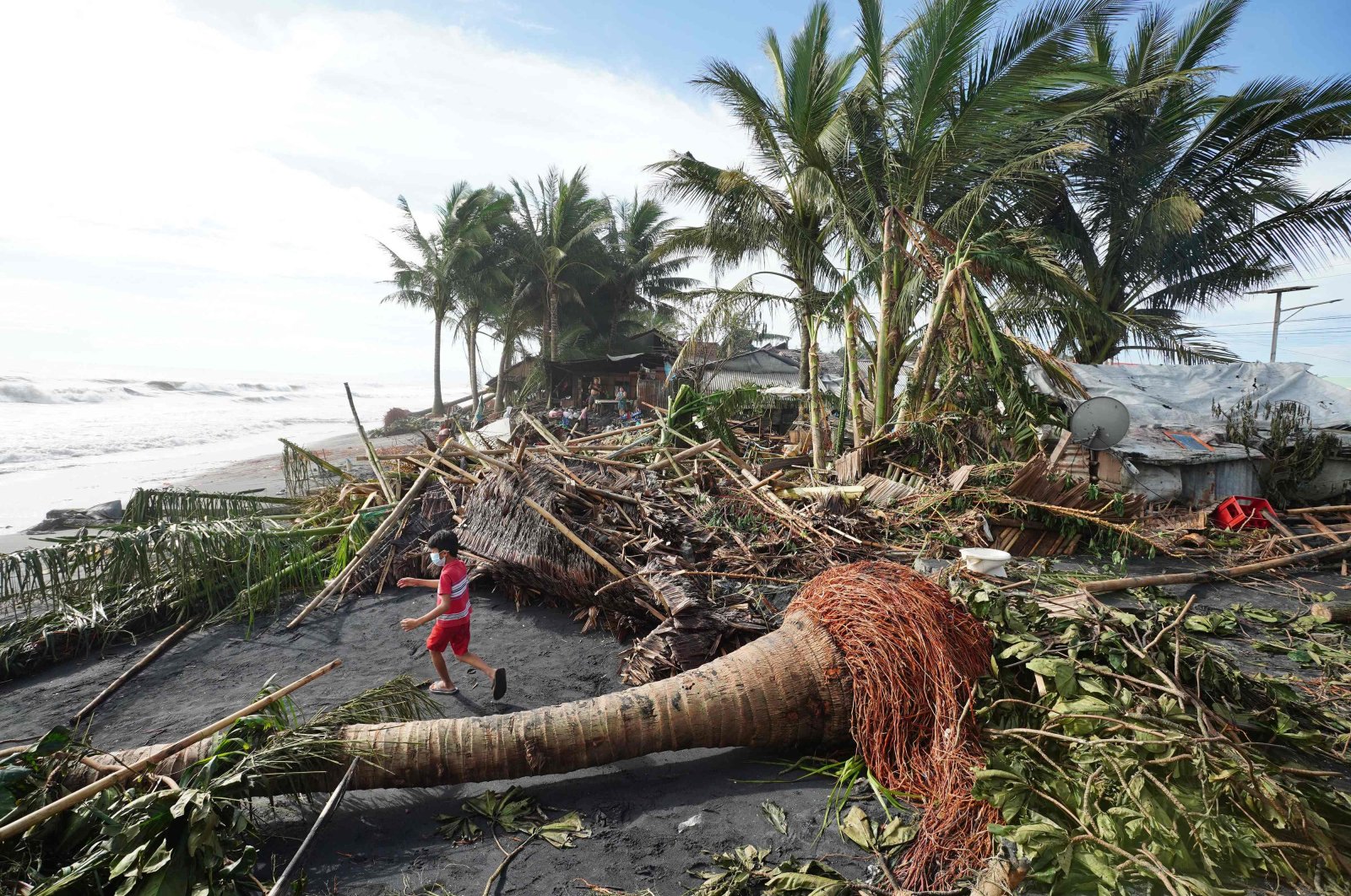 A child plays next to uprooted coconut and banana trees in the coastal town of Dulag in Leyte province a day after Super Typhoon Rai hit, Philippines, Dec. 17, 2021. (AFP Photo)