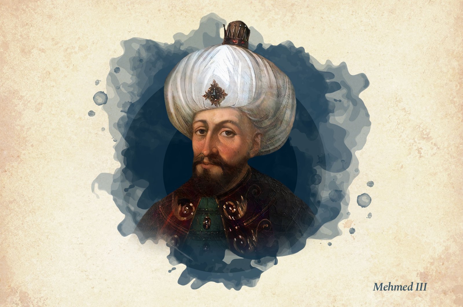 This illustration shows Sultan Mehmed III, the 13th ruler of the Ottoman Empire. (Wikimedia / edited by Büşra Öztürk)