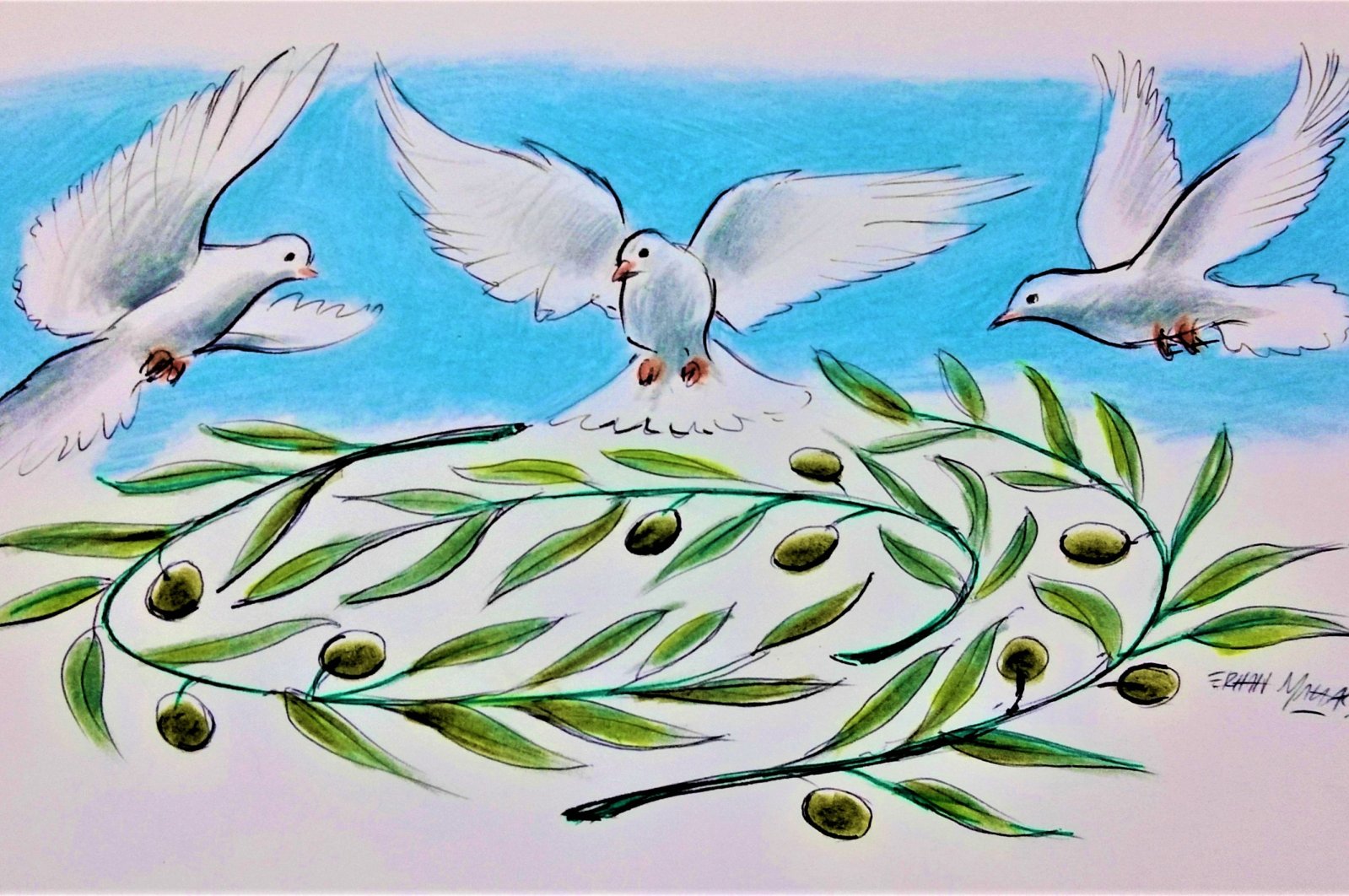 Illustration by Erhan Yalvaç shows doves and olive branches in a reference to the new peace process in the Caucasus region.