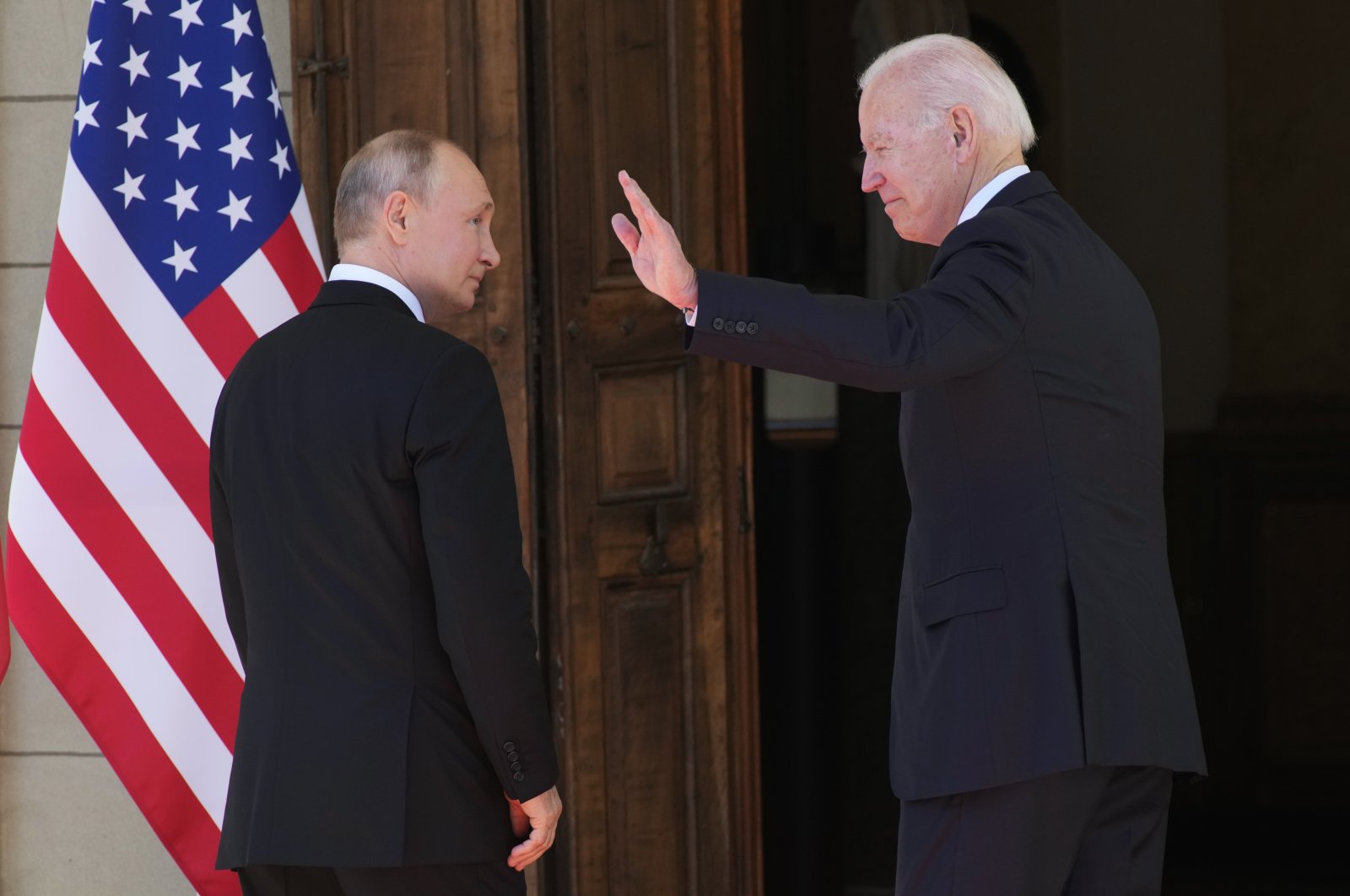 U.S President Joe Biden, right, and Russian President Vladimir Putin enter the &#039;Villa la Grange&#039; during their meeting in Geneva, Switzerland in Geneva, Switzerland, June 16, 2021. (AP Photo)